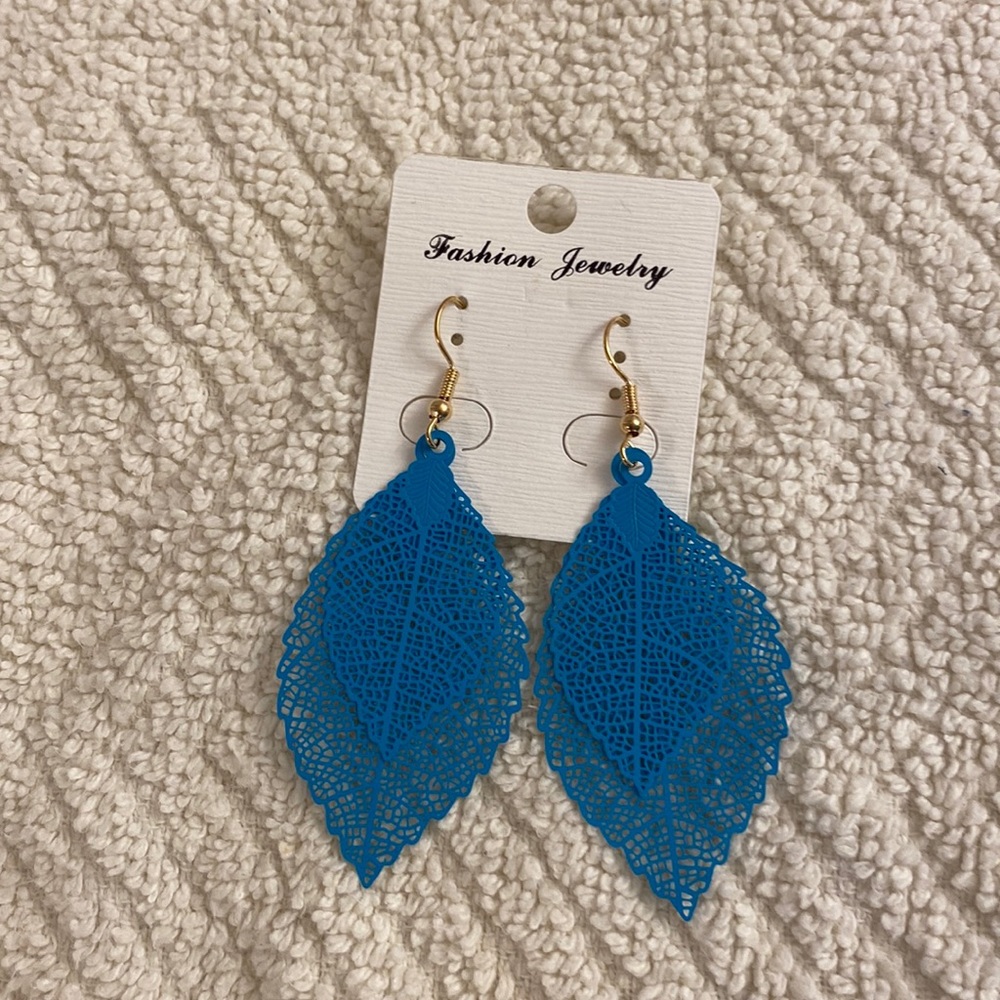 Blue Aquamarine Double-Leaf Lightweight Sexy Drop Earrings Dressy or Casual